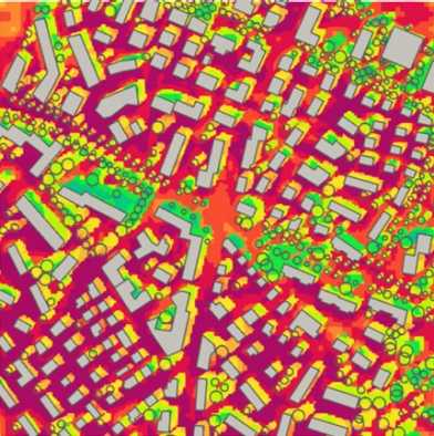 Map of universal thermal comfort index (UTCI) for a neighbourhood with trees in Zürich during a heatwave