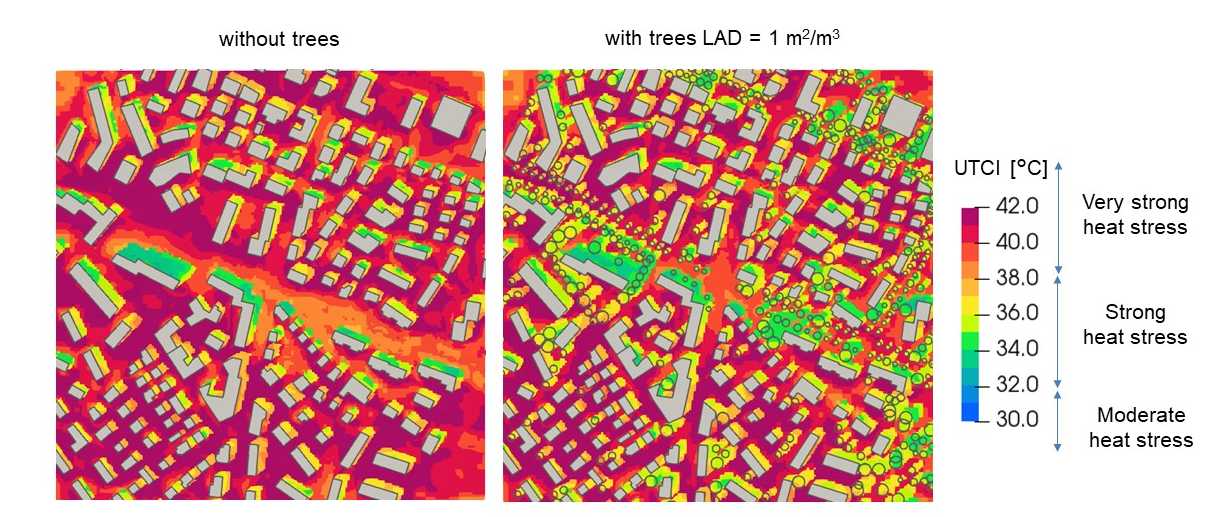 Map of universal thermal climate index (UTCI) for a neighbourhood without trees (left, map is mostly red) and with trees (right, the area with trees is green, i.e. cooler) in Zurich, Switzerland, during a heatwave.