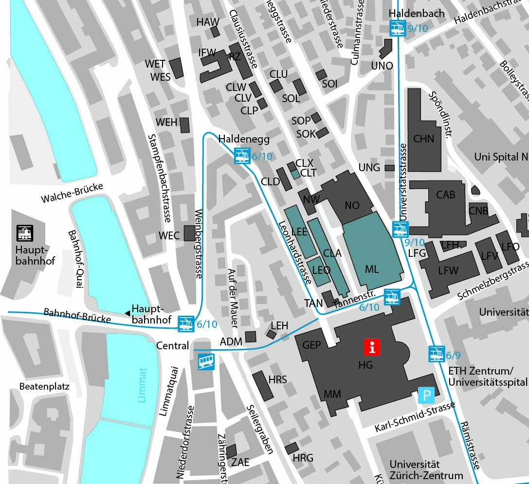 Enlarged view: Map ETH Zurich Zentrum, buildings of D-MAVT with public transport stations